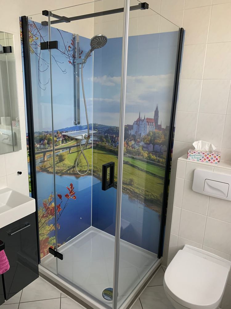 Bathroom with shower wall showing the Meissen skyline