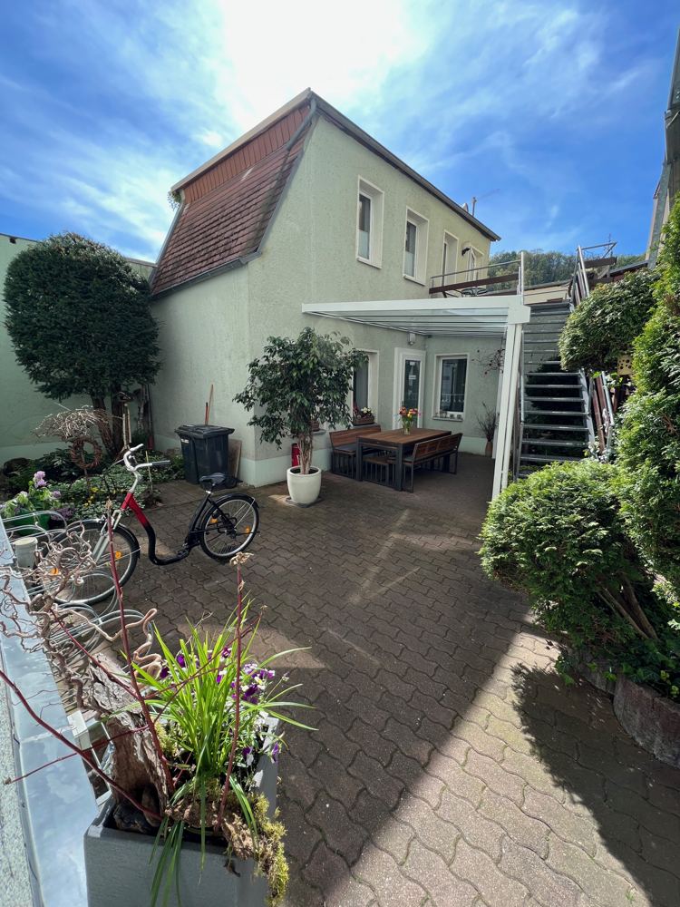 Courtyard with covered seating and bicycles
